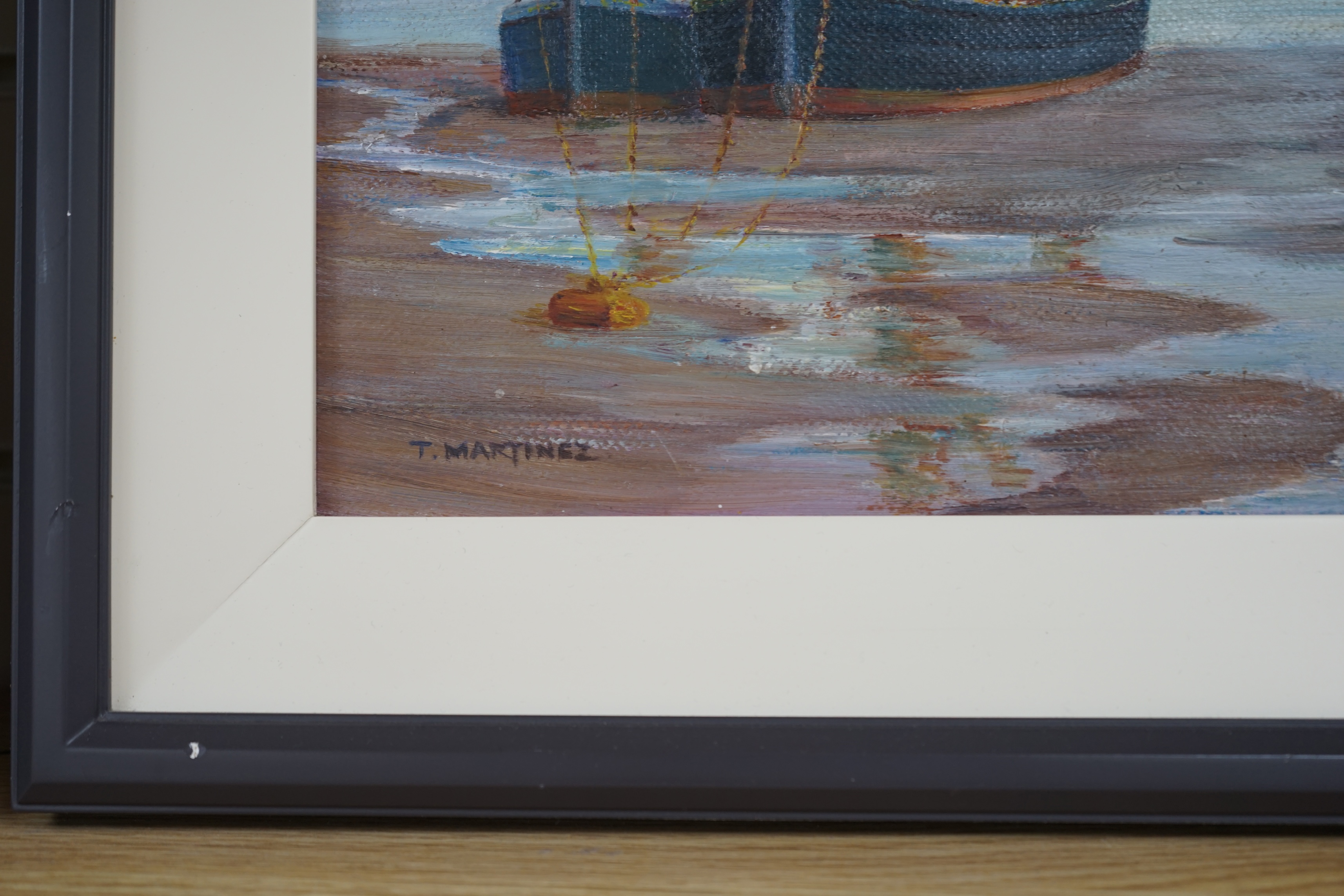 T. Martinez, oil on canvas board, Boats in estuary, signed, 39.5 x 49.5cm. Condition - good